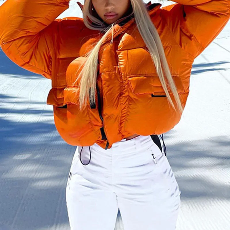 2022 Solid Turtleneck Zipper Jacket Padded Puffer Parkas Jackets With Pocket Winter Women Long Sleeve Loose Short Warm Coat