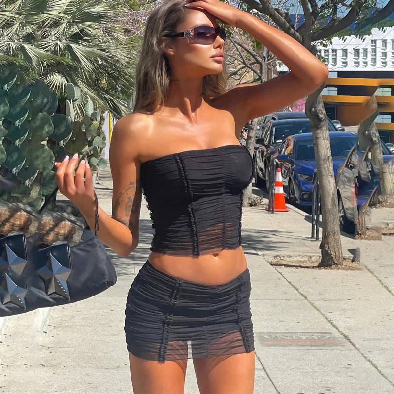 

Zabrina Outfits Sexy Summer Women Mesh 2 Piece Set New Tube Crop Top Tanks Fashion Skirt Suits Club Matching Solid Y2k Clothing