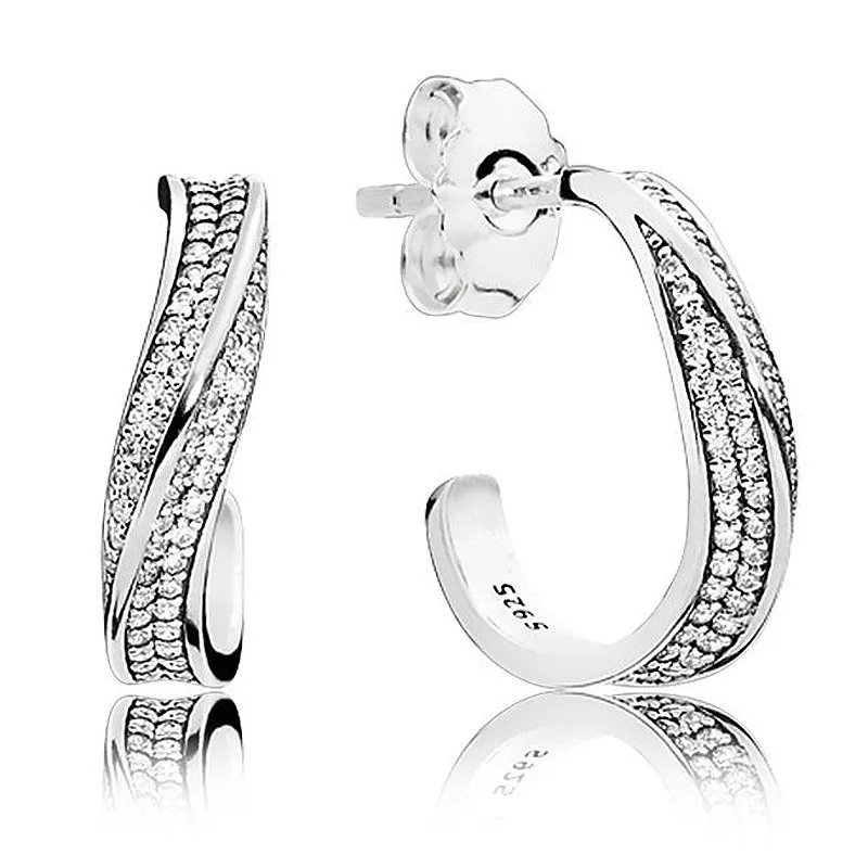 

Authentic 925 Sterling Silver Sparkling Elegant Waves With Crystal Stud Earrings For Women Wedding Gift Fashion Jewelry