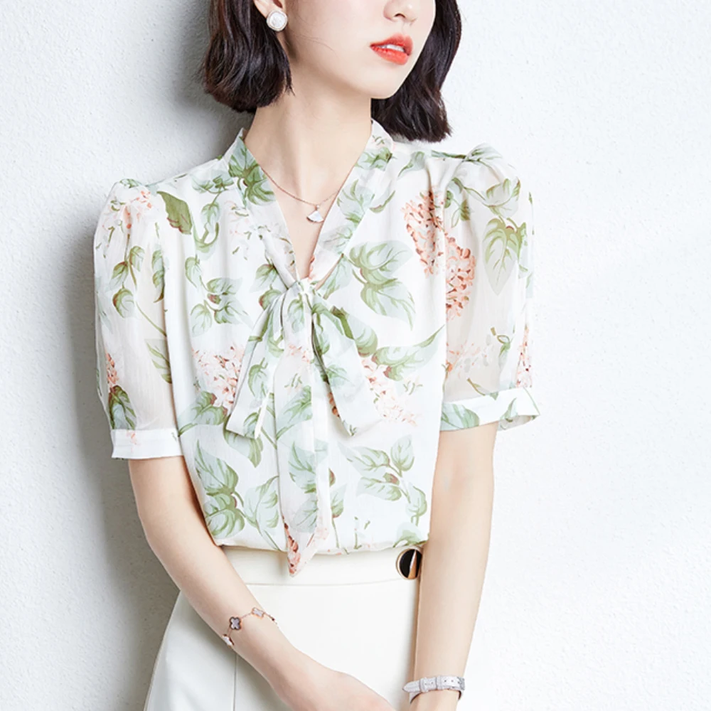 

New Fashion Summer Clothes For Women Fresh Floral Bow Neck Chiffon Shirts And Blouses Women Sweet Girls Casual Tops Women 2022