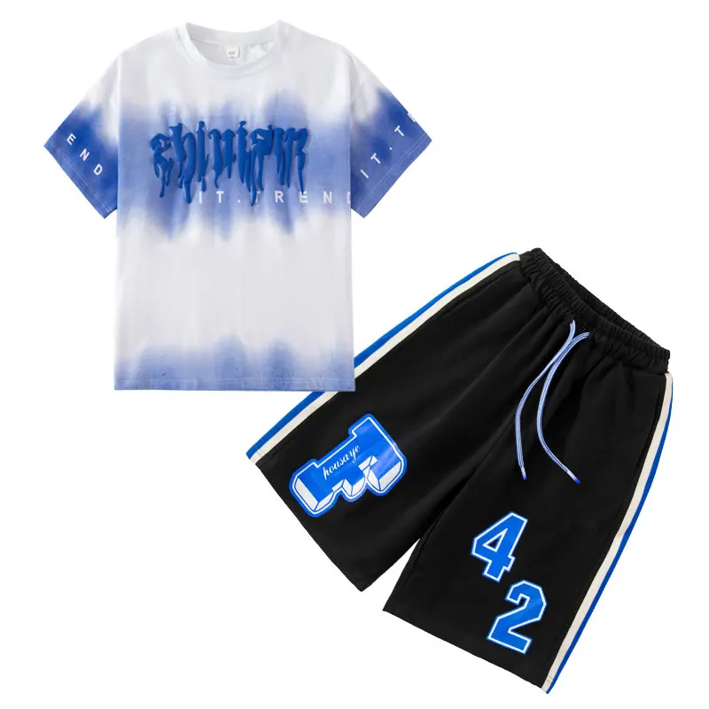 Big Boys Summer Tie-Dye Clothing Suits 4-14 Years Kids Teenager Cotton Letter Print Short Sleeve Tshirts+Shorts 2PC Clothes Sets