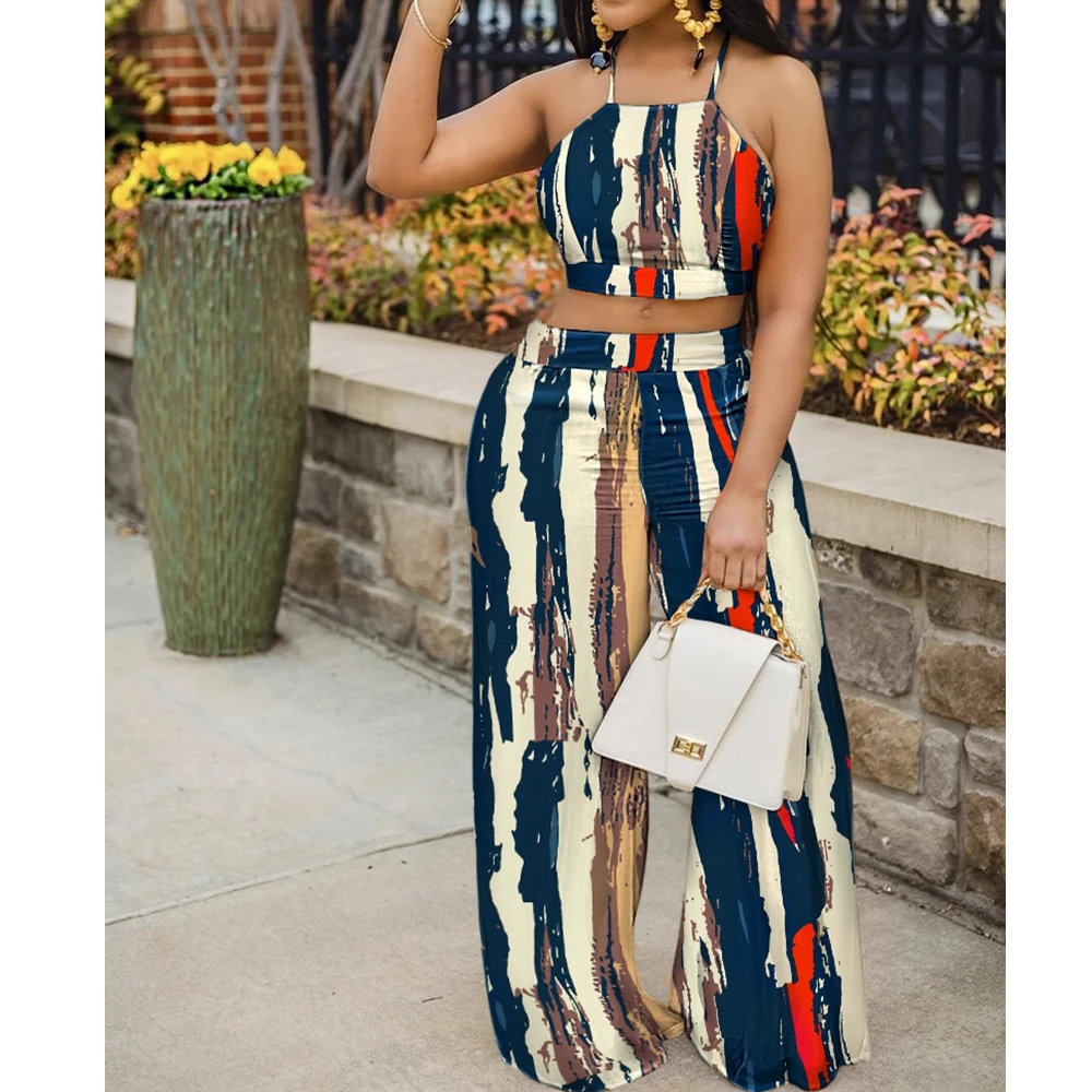 

Wepbel Women Printed Short Top Two-Piece Pants Beach Wear Summer Camis Top Trousers Sets Tank Tops Wide Leg Pants Outfits