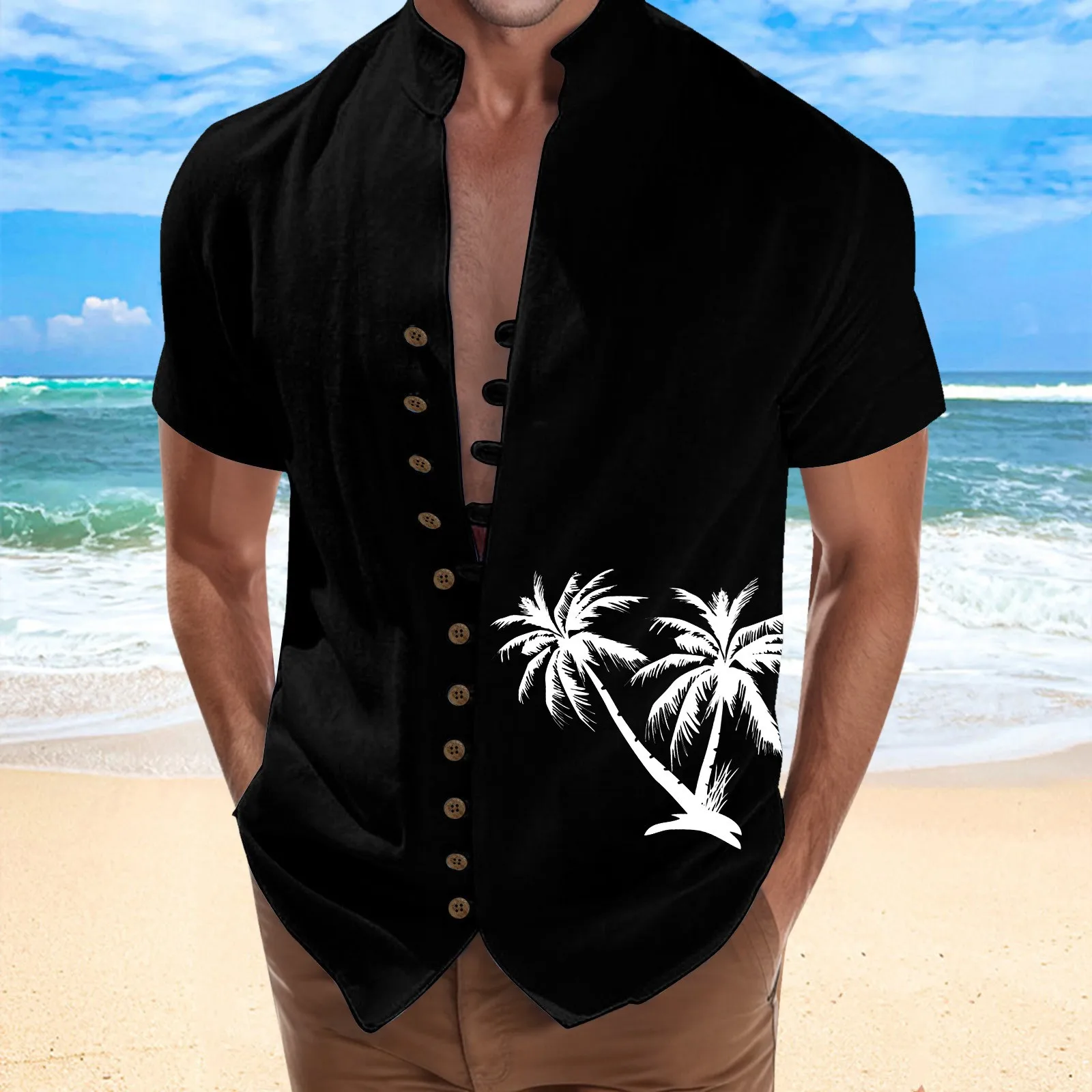 

Loose Mens Shirts Short Sleeve Buttoned Lapel Casual Shirt Tops Summer Men Clothes Coconut-Tree Printed Beach Style Tops Chemise