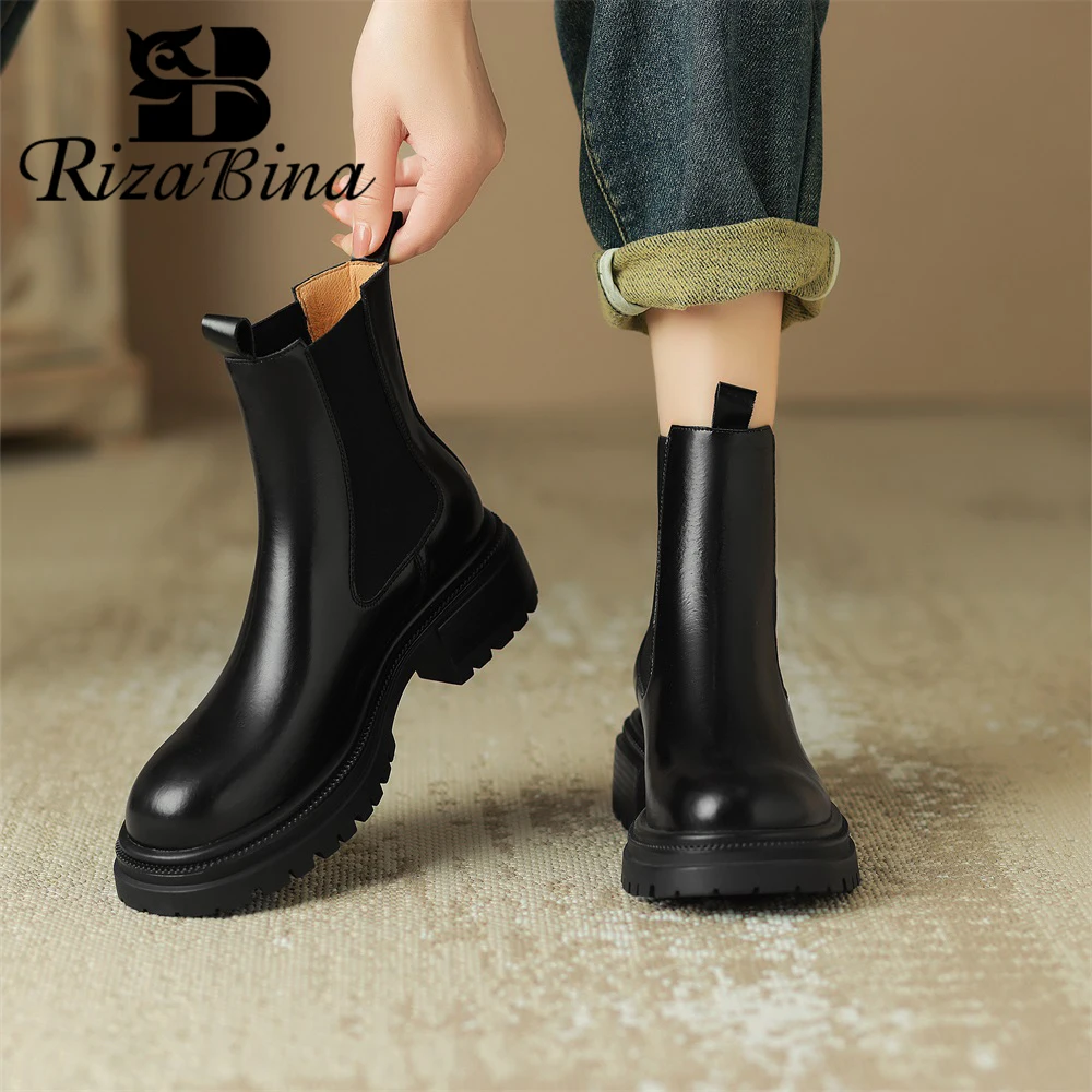 

RIZABINA Genuine Leather Women Chelsea Boots Chunky Heel Elastic Band Ladies Slip on Ankle Boots Retro Motorcycle Winter Booties