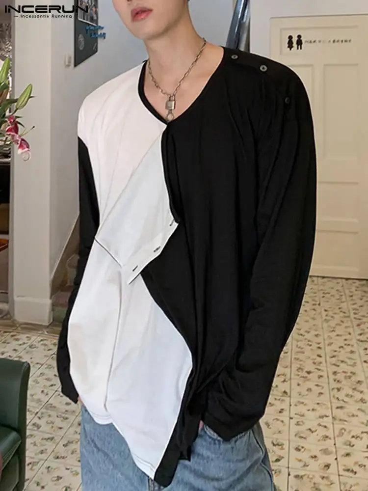 

INCERUN Men T Shirt Patchwork V Neck Long Sleeve 2022 Korean Irregular Tee Tops Loose Streetwear Fashion Casual Thin T-shirts