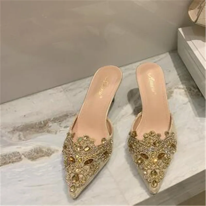 2023 NEW Spring/Autumn Fashion Women Pointed Toe Pumps PU Thin Heels Retro Appliques Mules Polka Dot Party Slip-On Black