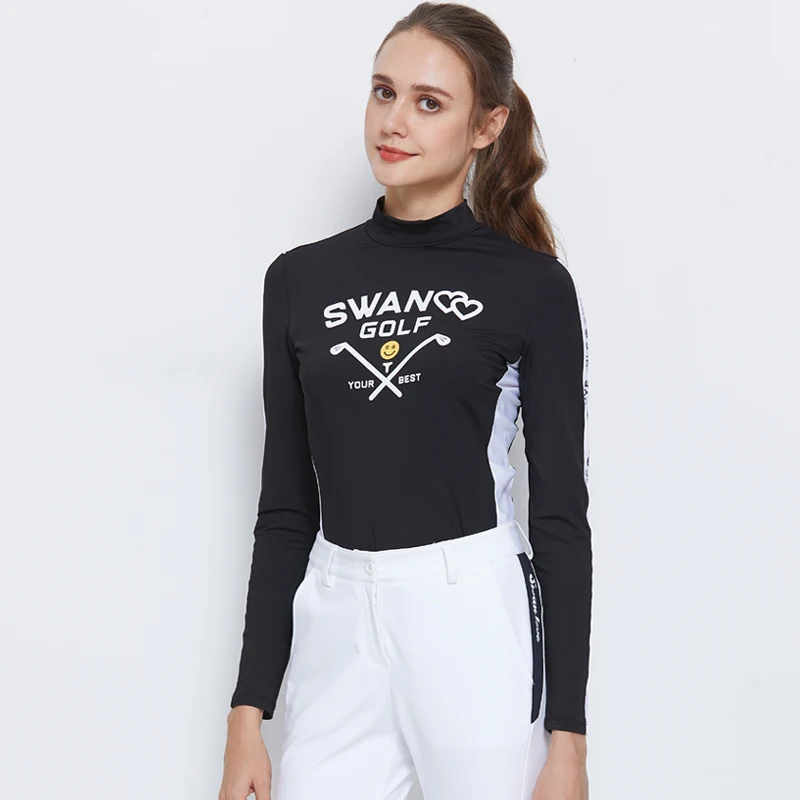 

Swan Love Golf Women Black T-shirt Fall Winter Bottoming Shirt Round Neck Tops Golf Ladies Wear Golf Pleated Skirt A-line Skort