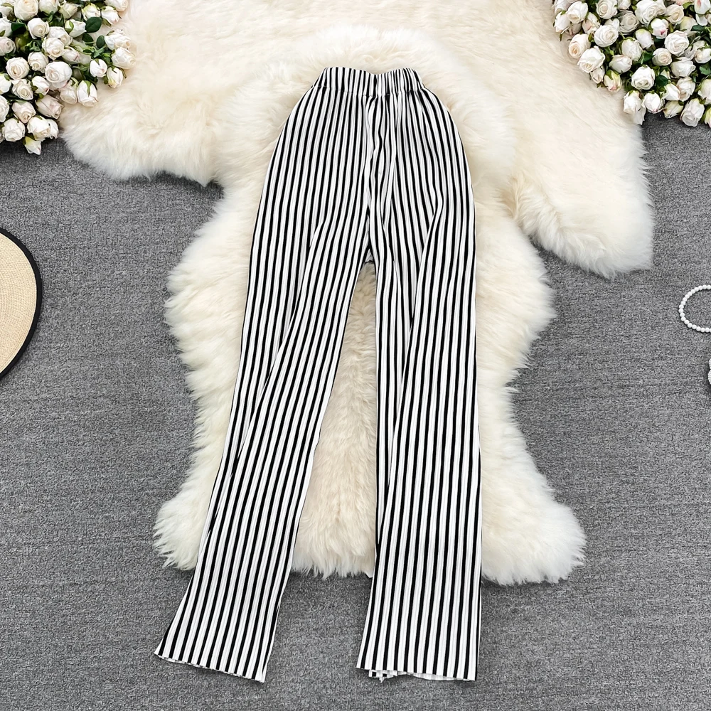 

Женские штаны в полоску для отдыха, новинка в Корейском стиле на лето, тонкие широкие брюки с высокой талией, 100