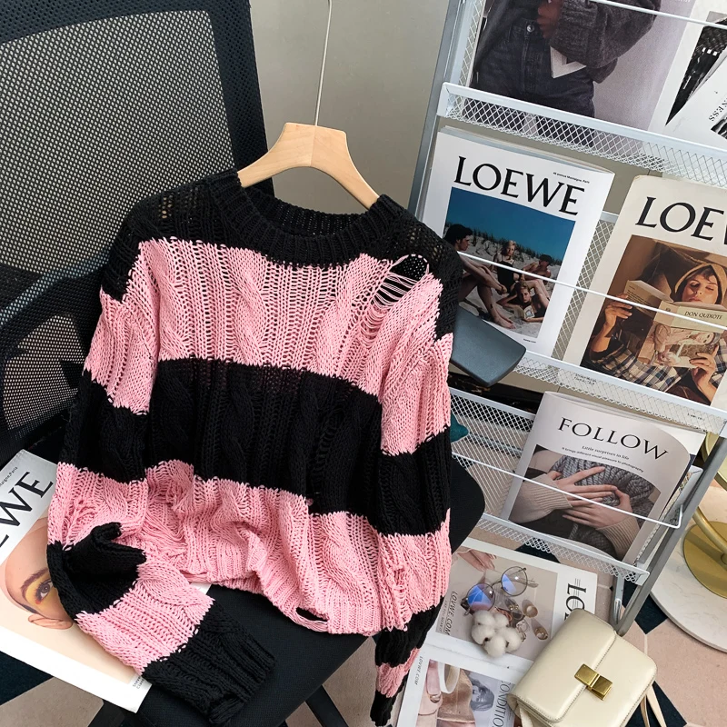 

Женский трикотажный пуловер в полоску, свободный короткий свитер с круглым вырезом и дырками в Корейском стиле, Осень-зима 2023