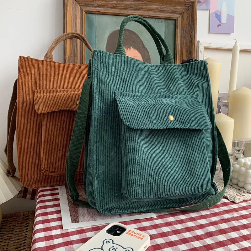 

2023 Corduroy Shoulder Bag Women Vintage Shopping Bags Zipper Girls Student Bookbag Handbags Casual Tote With Outside Pocket