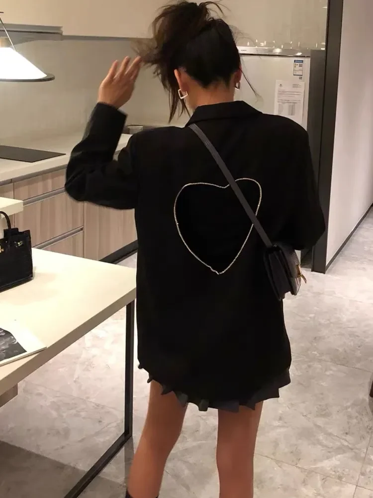 Fashion Runway Open Back Heart Diamonds Blazer Coat Women Sexy Chic Notched Suit Single Button Black Jacket Loose Outerwear