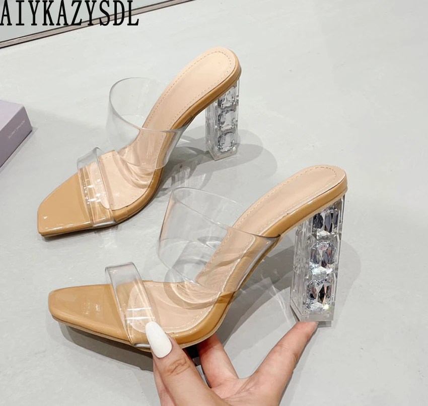 

AIYKAZYSDL Strange Heel PVC Clear Transparent High Heel Sandals Square Toe Shoes Crystal Summer Shoes Woman Mule Slide Slippers