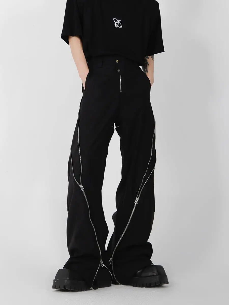 

American trendy brand men black zipper design slit slightly flared pants vertical feeling straight casual pants Y2K trousers
