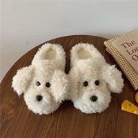 2022 cute cartoon animal slippers for women faux fur dog winter warm plush home fluffy slides cotton house floor shoes flip flop