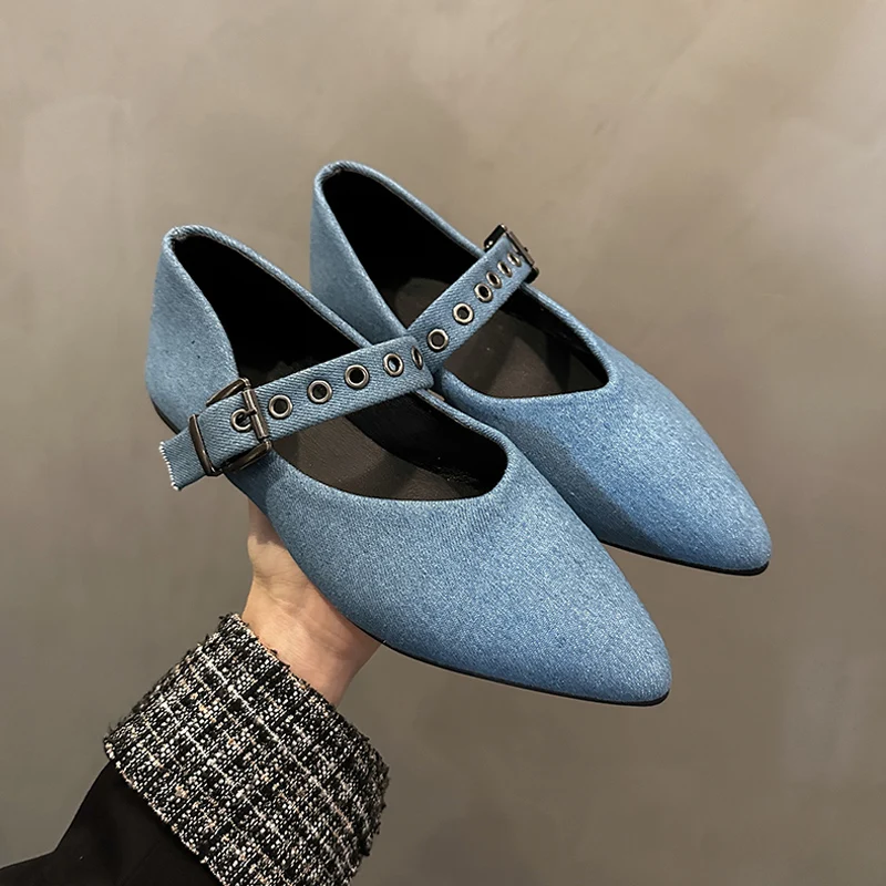 Soft Denim Mary Jane Shoes Women Pointed Toe Ballet Flats Ladies Fashion Blue Canvas Loafers with Buckle Belt and Rivets