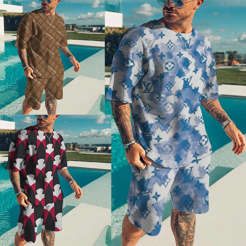 

Костюм спортивный мужской из двух предметов, короткий рукав и шорты с 3D принтом, пляжная одежда, лето 2022