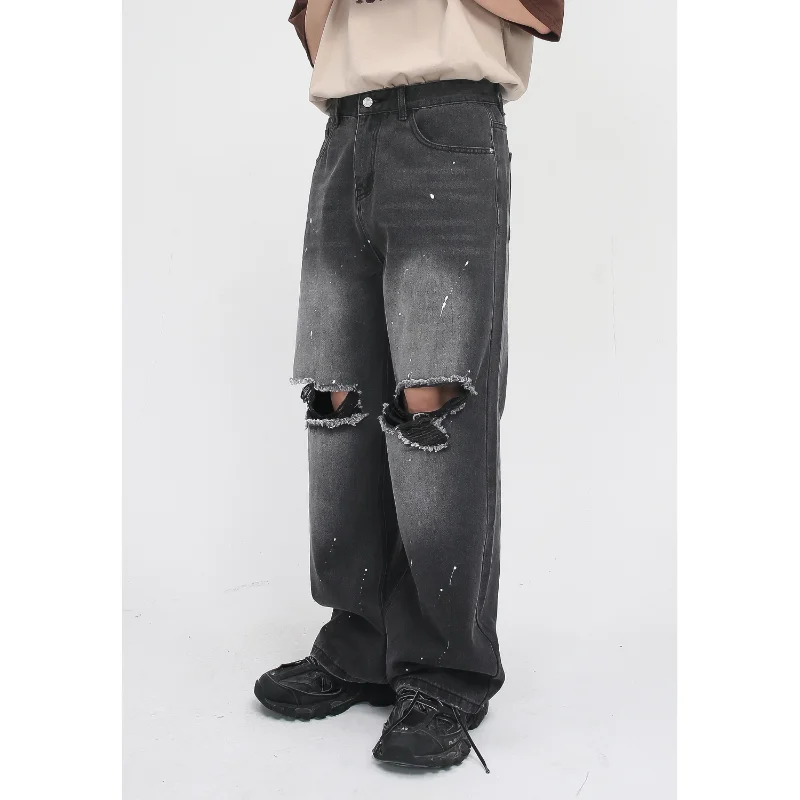 New Products Korean Version Loose Personality Splashed Ink Hole Design Jeans for Men Oversized Retro Lapel Fashion Jeans for Men