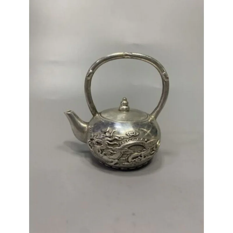 

Old China Tibetan Silver Hand-Carved Dragon Phoenix Lifting Beam Pot Teapot 6195