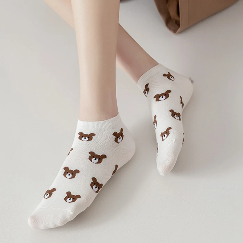10 Pairs Cartoon Animal Print Short  Socks For Women Cotton Summer Cute Bear Ankle Socks Set Funny Korean Style Thin Breathable