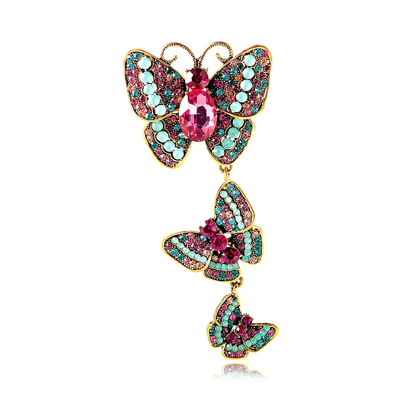 Vintage Alloy Diamond Three Butterfly Colorful Long Brooch Female Lovely Pin Fashionable Corsage Accessories Jewellery For Women images - 6