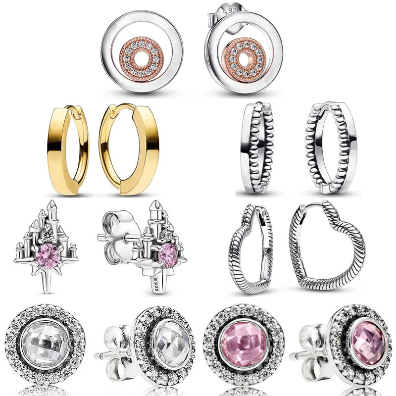 

New 925 Sterling Silver Double Circle Signature Pink Legacy Heart Charm Hoop Earring With Crystal For Women Gift pandora Jewelry