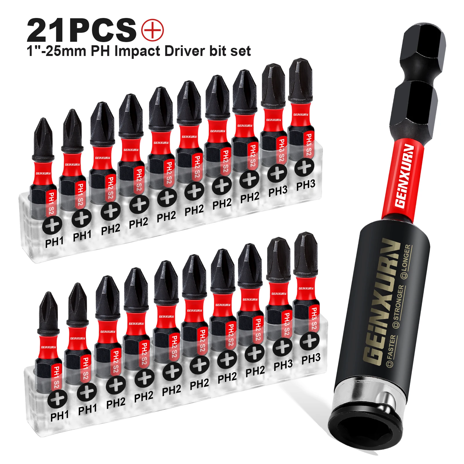 Geinxurn 21 шт. 1 дюйм набор ударных магнитных крестообразных отверток (PH1 PH2PH3) стальных