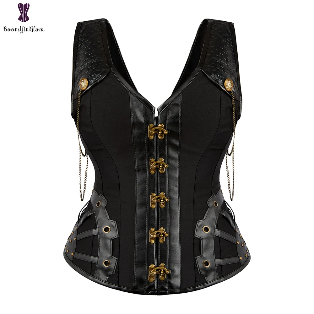 

Black Women Steampunk Clothing Gothic Cosplay Costumes Steel Boned Overbust Corset Bustier With G String 837#