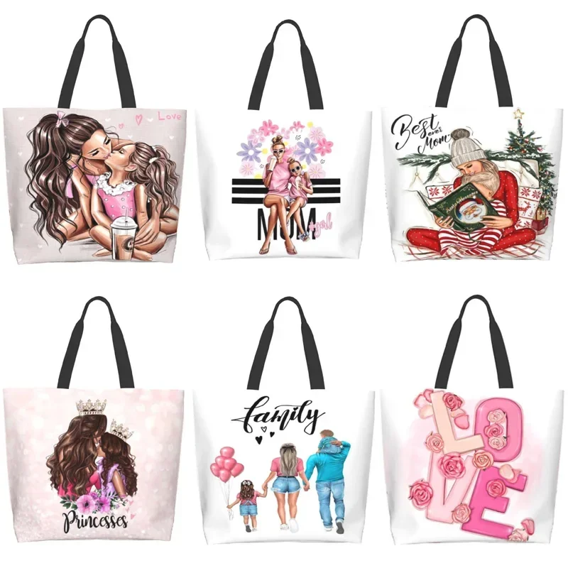 

Cute Cartoon Super Mama Print Tote Bag Travel Shoulder Bags Mom and Baby Folding Women Casual Handbags Eco Reusable Shopping Bag