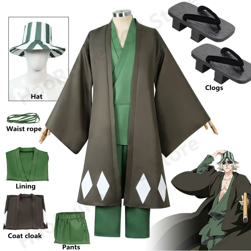 

Hot Anime Bleach Cosplay Urahara Kisuke Gotei 13 Costume Kimono Uniform Cape Top Pants Hat Suit For Halloween Carnival Party