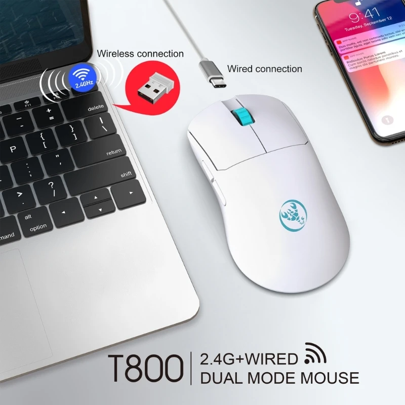 

T800 6 Keys Gaming Mouse Wired+Wireless DualMode 10000DPI Adjustable Rechargeable for PC Mouse , Gaming Accessory