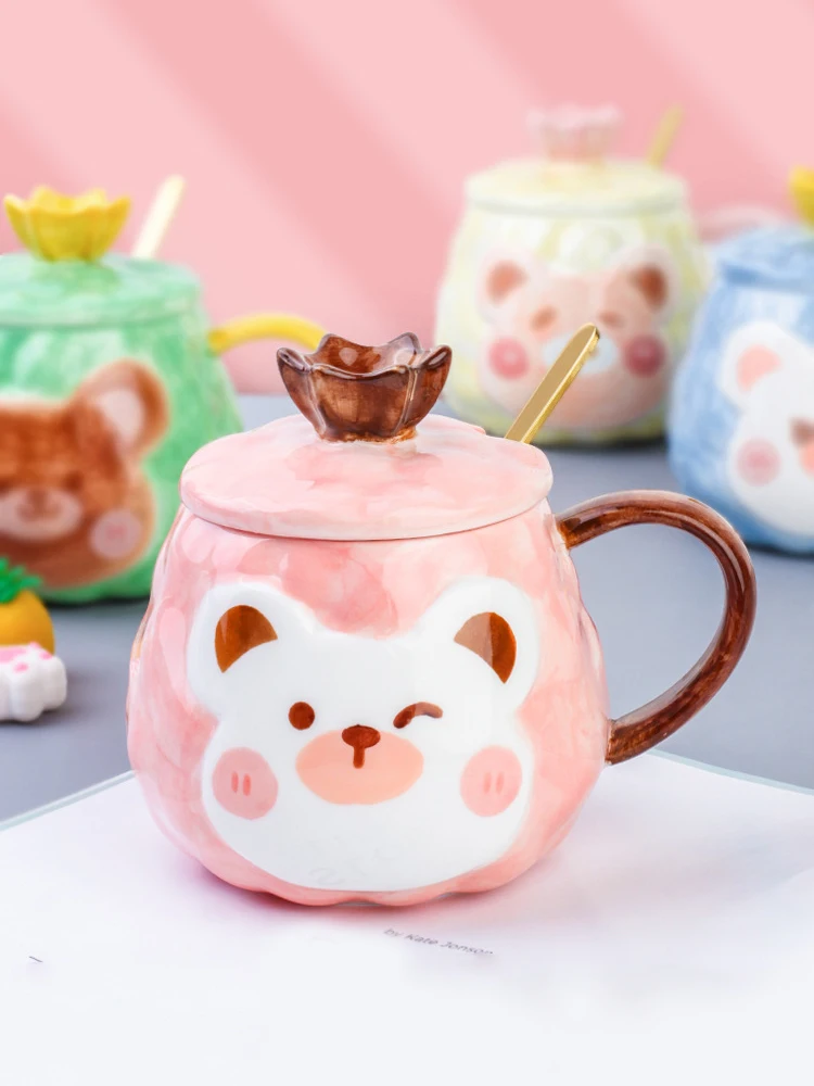 380Ml Cartoon Bear Ceramic Mug Hand-Painted Coffee Cup with Lid Spoon Kawaii Coffee Mugs Milk Cups Household Office Drinkware