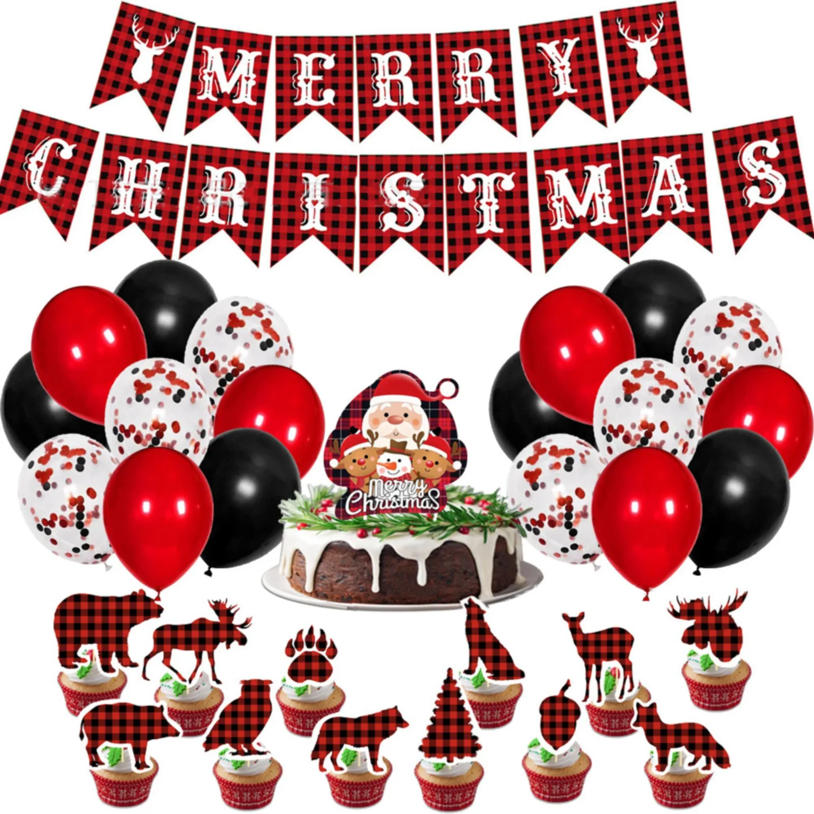 

Рождественское красно-черное клетчатое украшение для вечеринки, украшение для рождественской елки, Набор принадлежностей для украшения то...