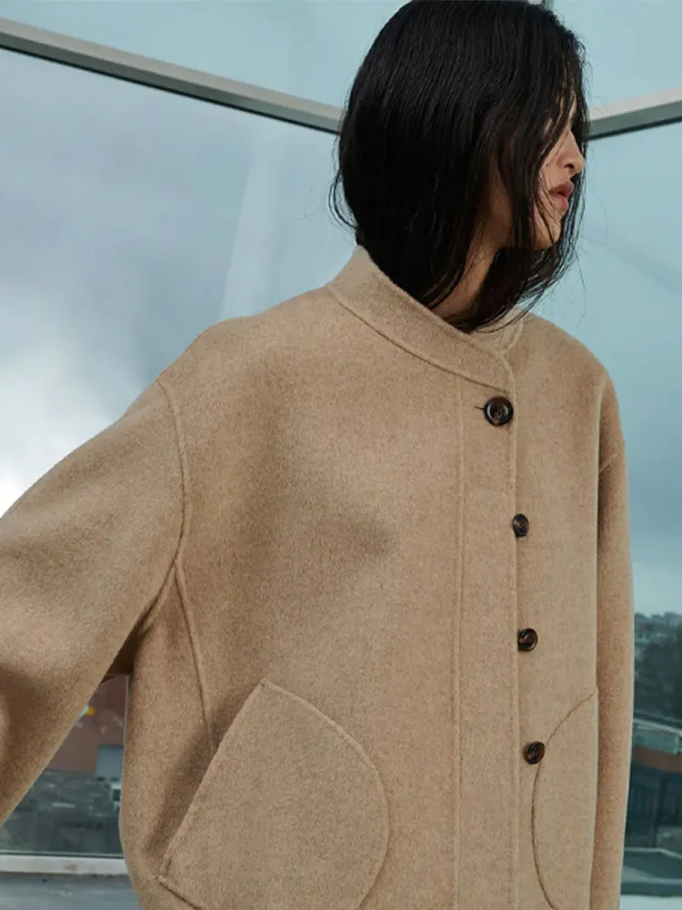 

Женское Короткое шерстяное пальто, элегантное Укороченное пальто с длинным рукавом, винтажный однобортный кардиган свободного покроя с воротником-стойкой, зима