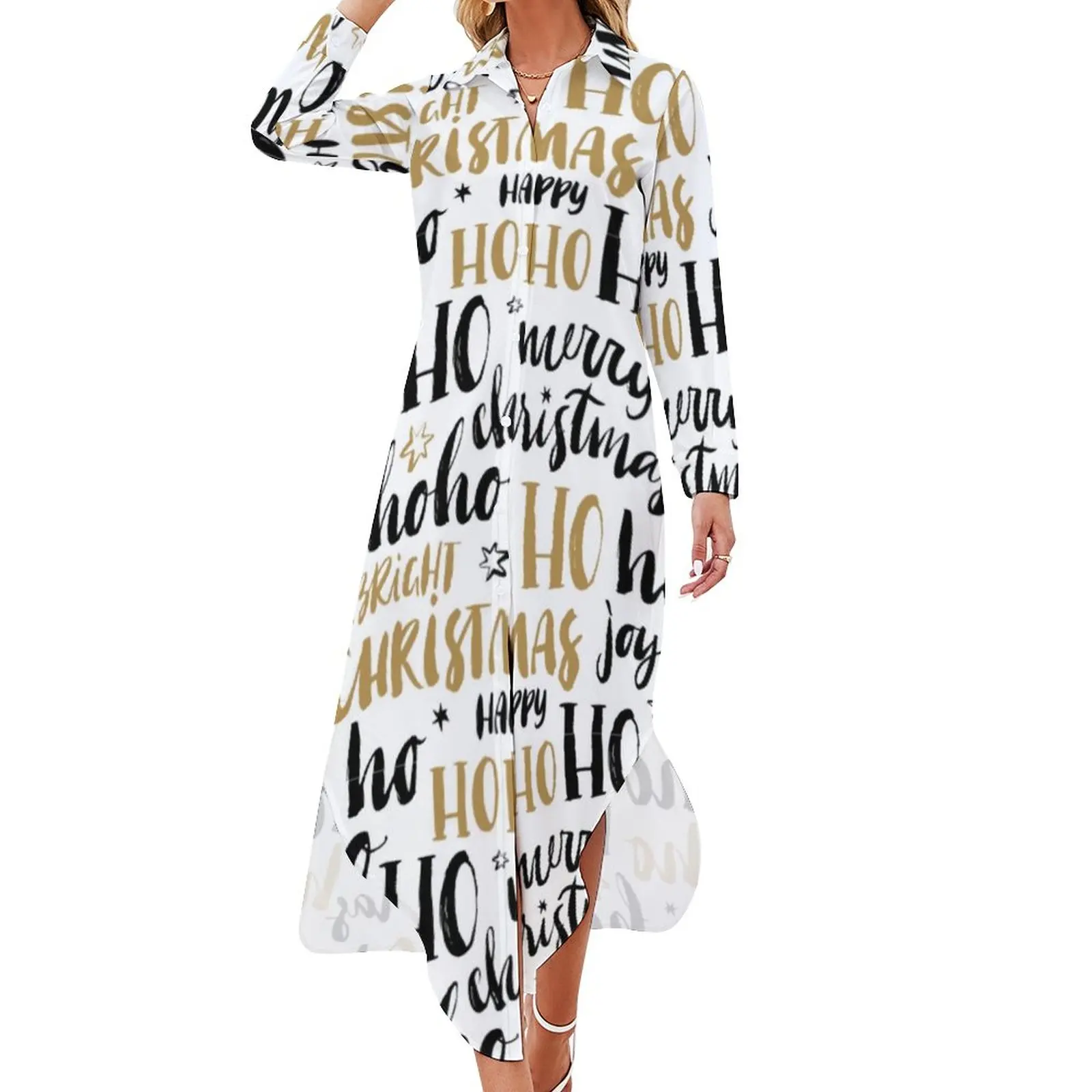 

Word Art Aestheti Casual Dress Christmas Letter Print Street Wear Dresses Modern Chiffon Dress Long Sleeve Clothes Large Size