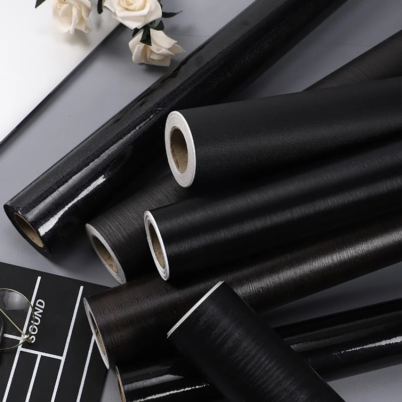 pure black self adhesive vinyl wallpaper kitchen cabinet storage desktop furniture bedroom decor waterproof film wall stickers free global shipping