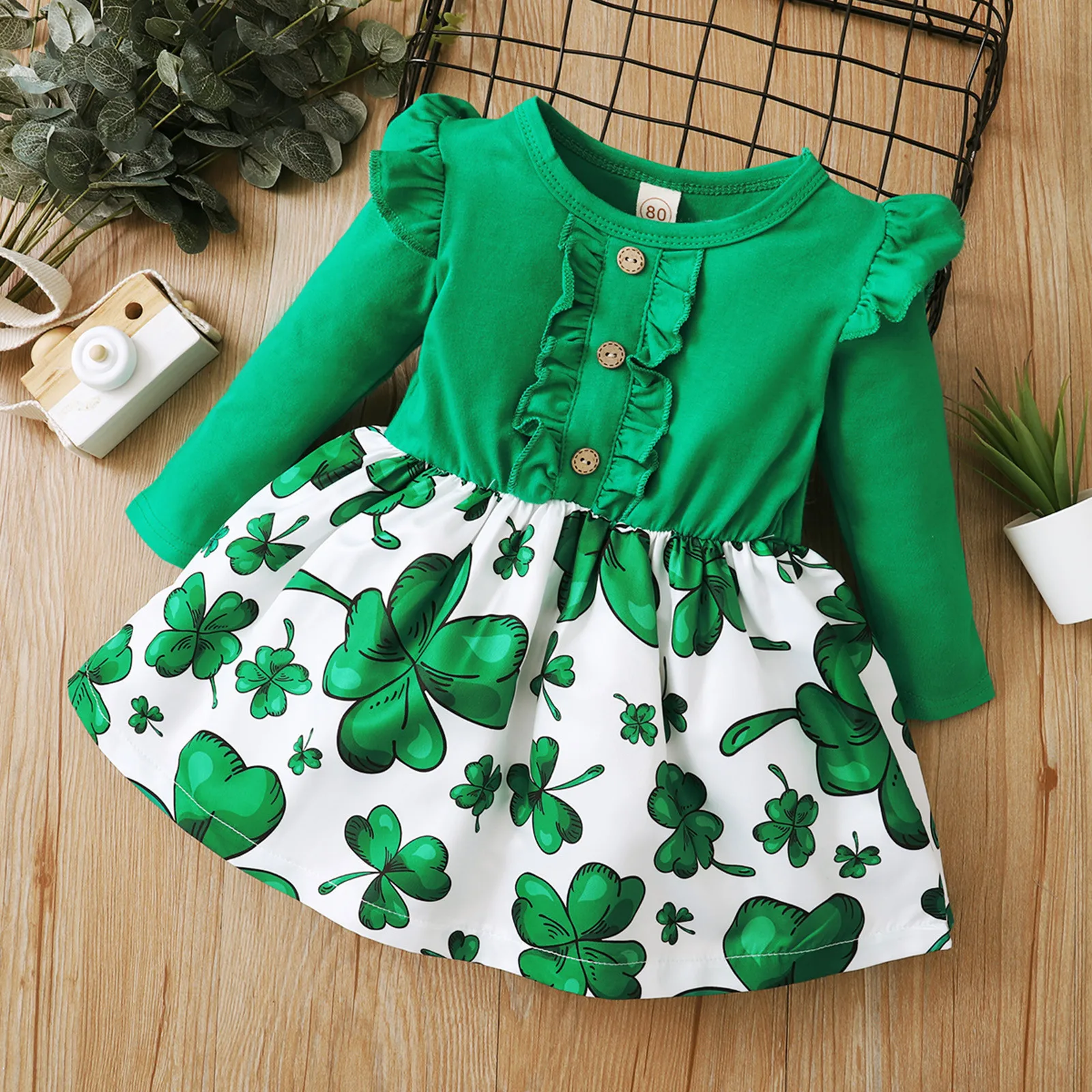 

St Patrick Girls Dress Clovers Print Patchwork Children's Elegant Dress Flounced Long Sleeve Spring Autumn Princess Dress