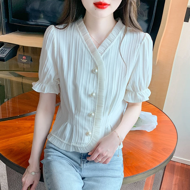 

Summer Women's Short Sleeved V-neck French Princess Sleeve Patchwork Pleated Ruffled Chiffon Shirt Women Tops Blouse Women A144