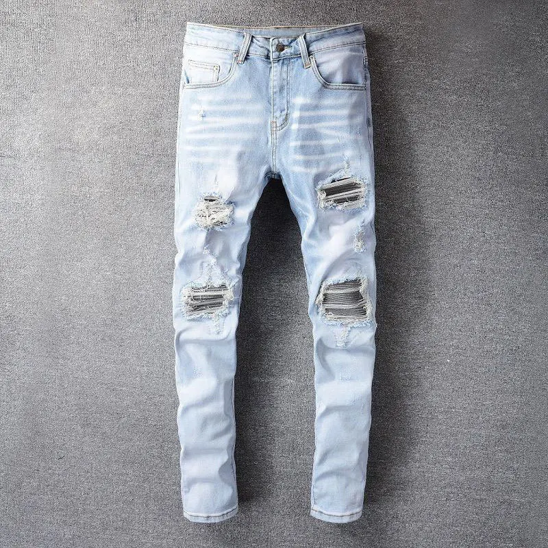 

2022 Spring Fashion Street Hot Slim Skinny Stretch Denim Motorcycle Pants Knee Stitching Black Patchwork Biker Jean Stacked Jean