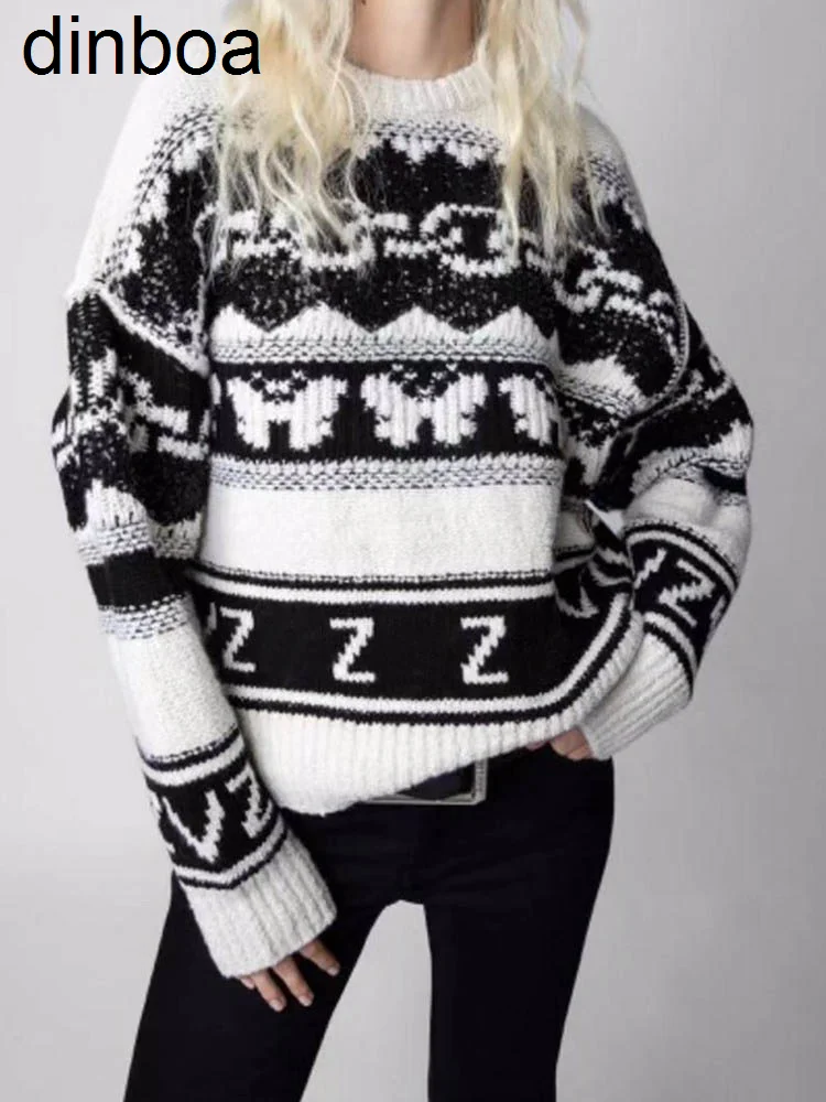 

Dinboa-2022 Autumn and Winter New Y2k Women Intarsia Knitted Sweater Round Neck Pullover