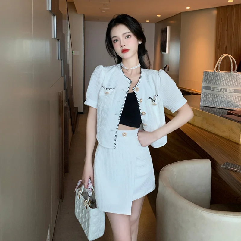 

Women's Small Fragrance Short Jacket + A-Line Skirt Two-piece Button Decoration Summer Elegant Temperament Dating Suit D866