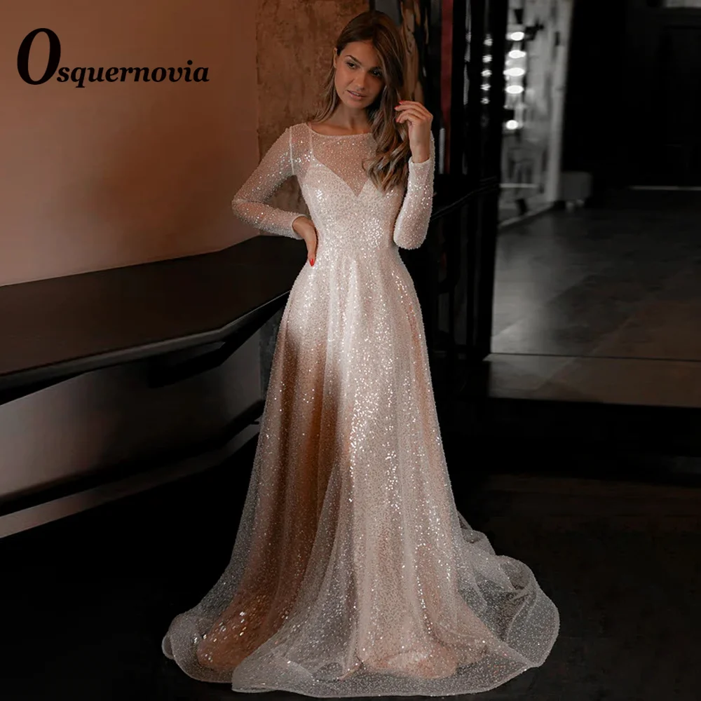 

Osquernovia Illusion Shinny Wedding Dresses 2023 Scoop Full Sleeves Backless A-line For Women Abito Da Sposa Customer Made