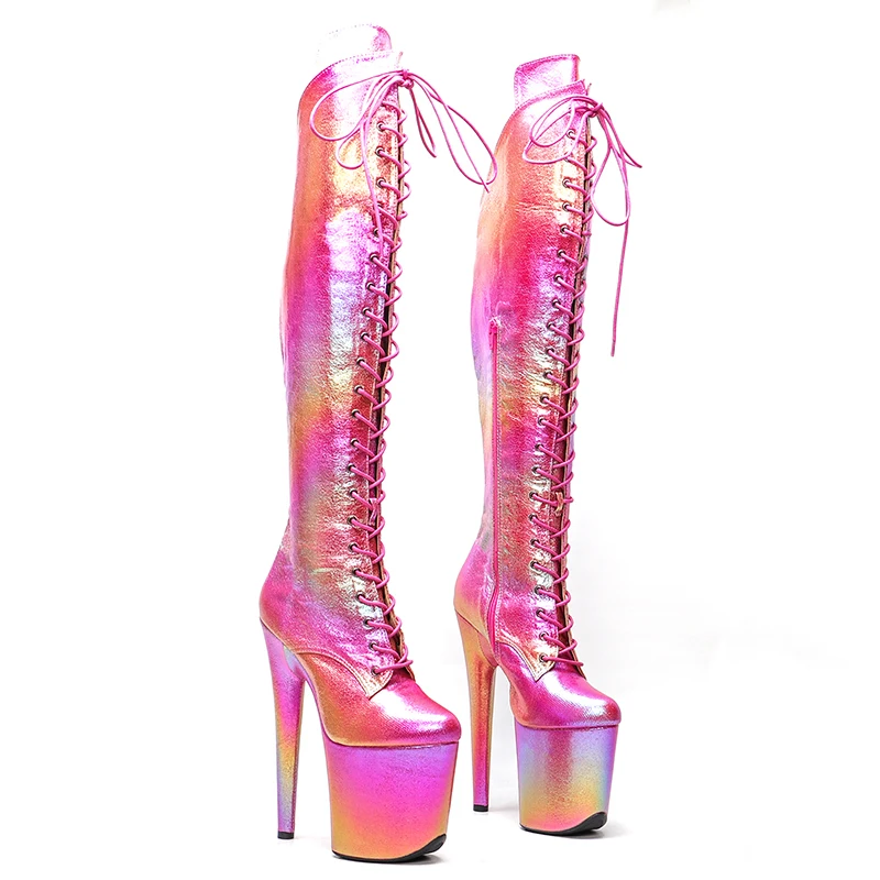 Leecabe  20CM/8inches Shiny PU Pole dancing shoes High Heel platform Boots Small Open  toe Pole Dance boots