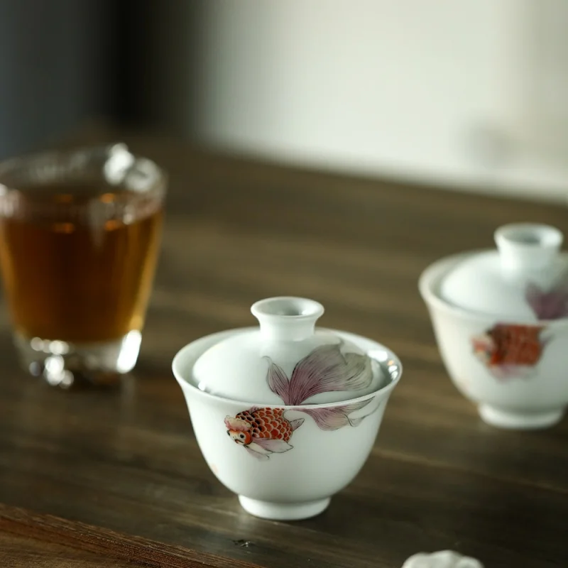 

Керамический чехол Jingdezhen, чайная чашка, фарфоровая чашка в виде яичницы, ручная роспись, Пастельная Золотая рыбка, две только чаши для завар...