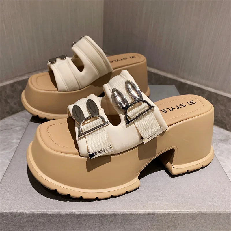 Rabbit Sandals 2023 New Sheepskin Leather Thick-Soled High Heel Platform Square Heel Small Outdoor Slippers for Women