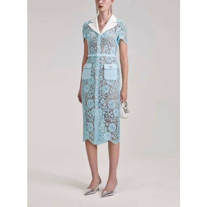 

Женское кружевное платье-миди с поясом, роскошное голубое белое платье с отложным воротником и рукавом-лепестком, весна-лето 2023