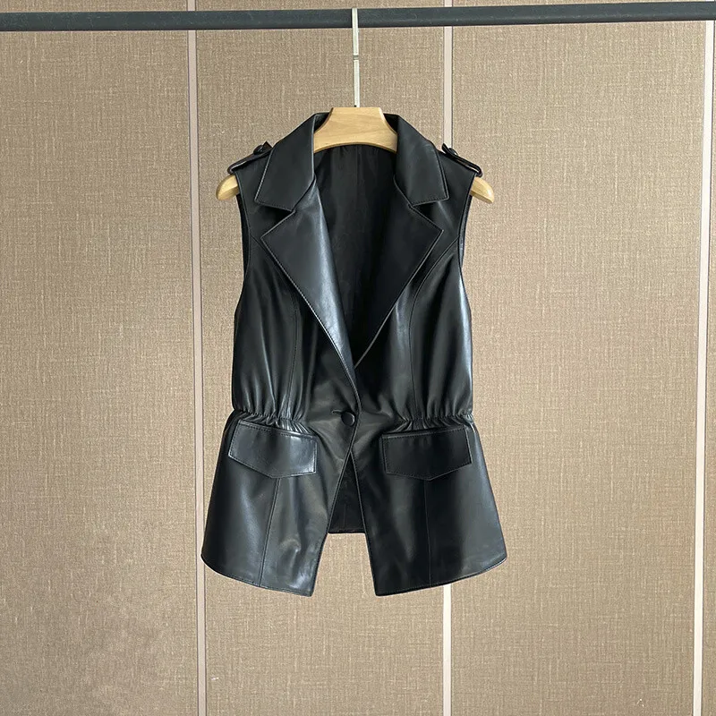 Sheepskin Vest Women's Spring And Autumn Genuine Slim Waist Jacket Ladies Suit Collar Short Black Sleeveless Vest 4XL