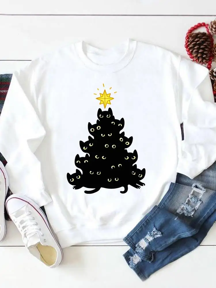 

Cat Animal Sweet 90s Style Pullovers Print Merry Christmas Holiday Fashion Clothing Casual Female Women Graphic Sweatshirts