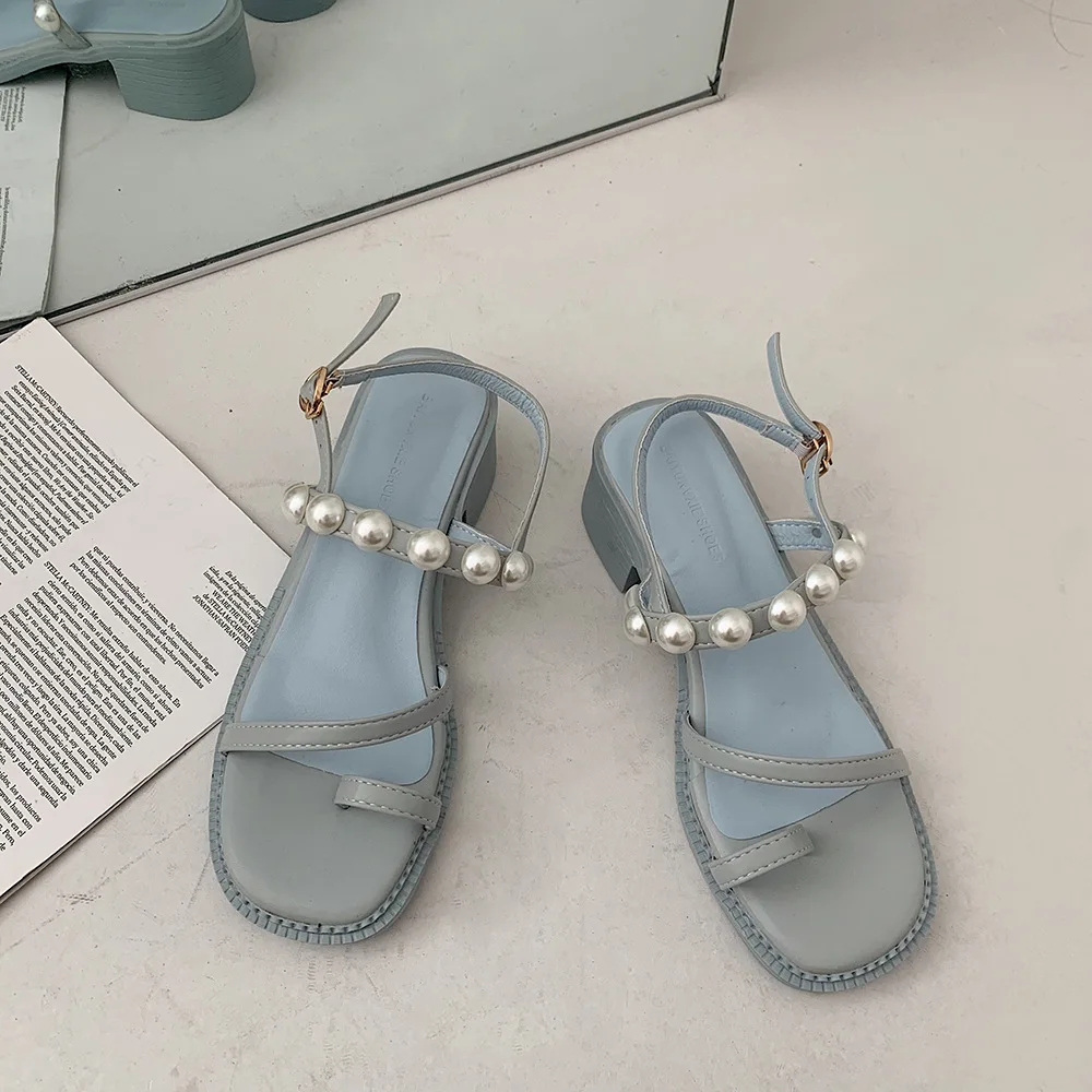 

Low Sandals Woman Leather Low-heeled Pearl Fabric Hoof Heels Slides Rubber PU String Bead Low Sandals Woman Leather Low-heeled P