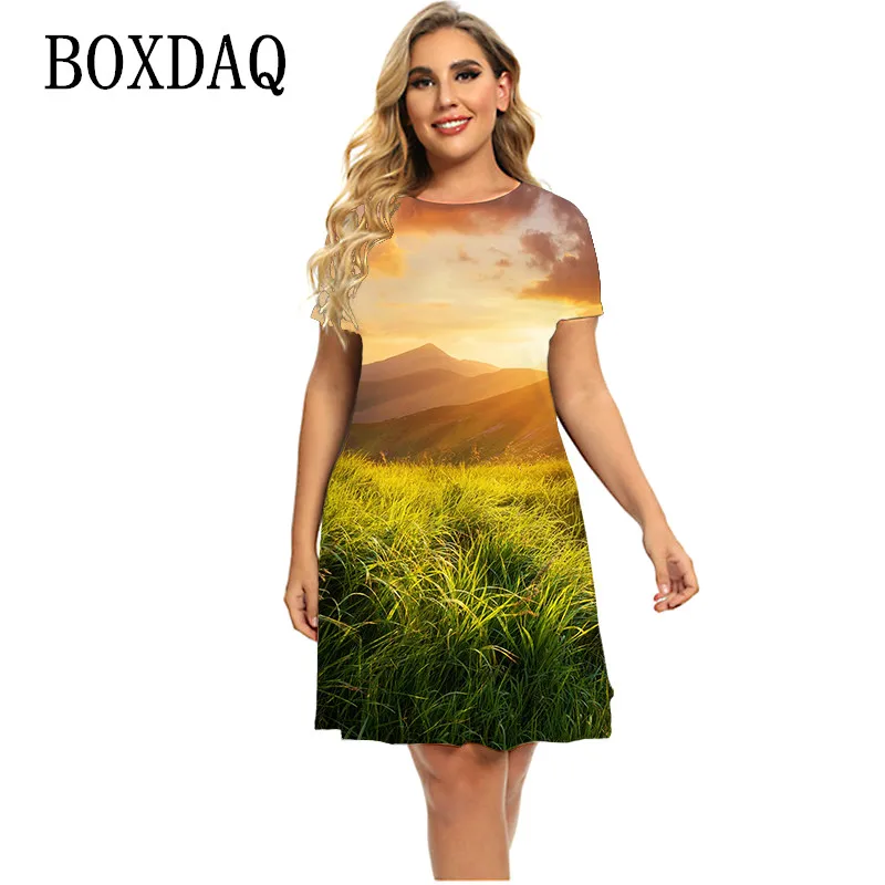 

3D Green Grass Plants Flower Dress Natural Scenery Women Summer Dresses For 2022 Short Sleeve Casual Loose Plus Size Dress 6XL