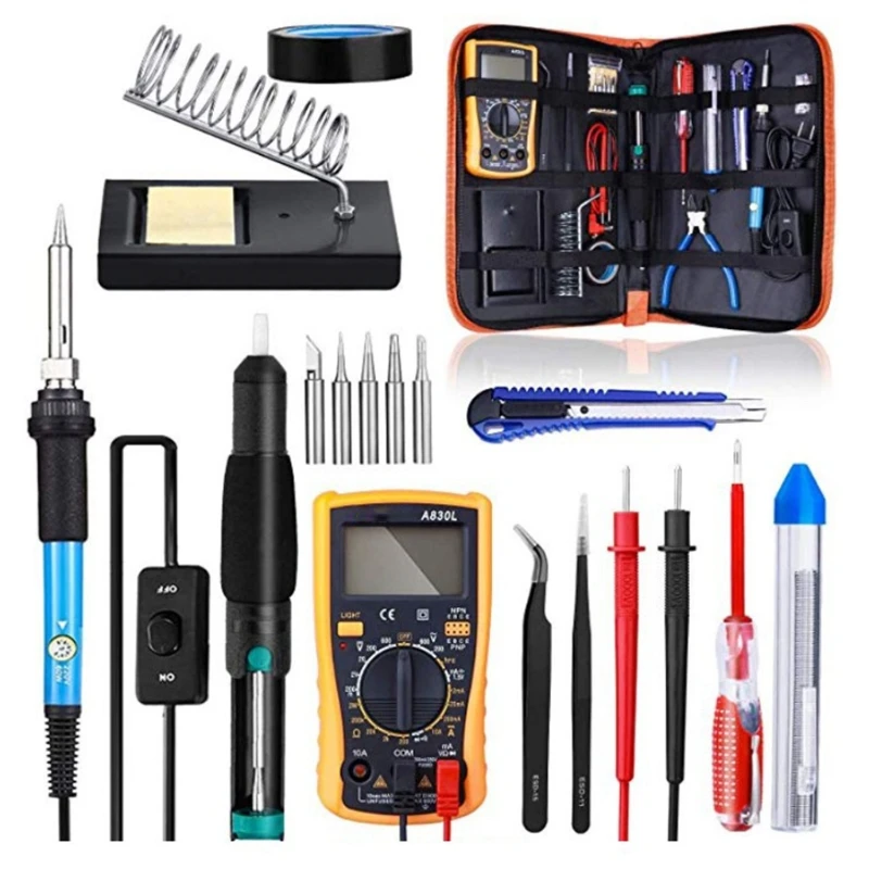 

Soldering Iron Kit with ON/Off Switch with Digital Multimeter Soldering Tips Desoldering Pump Solder Wire Tweezers Stand Wire St
